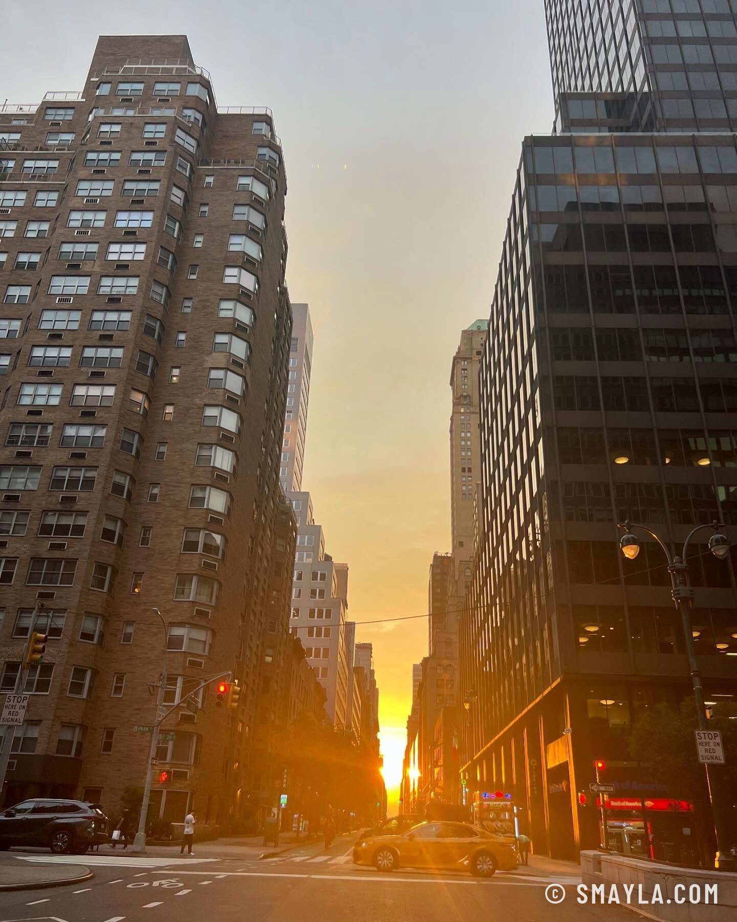 Soleil couchant au bout d'une avenue