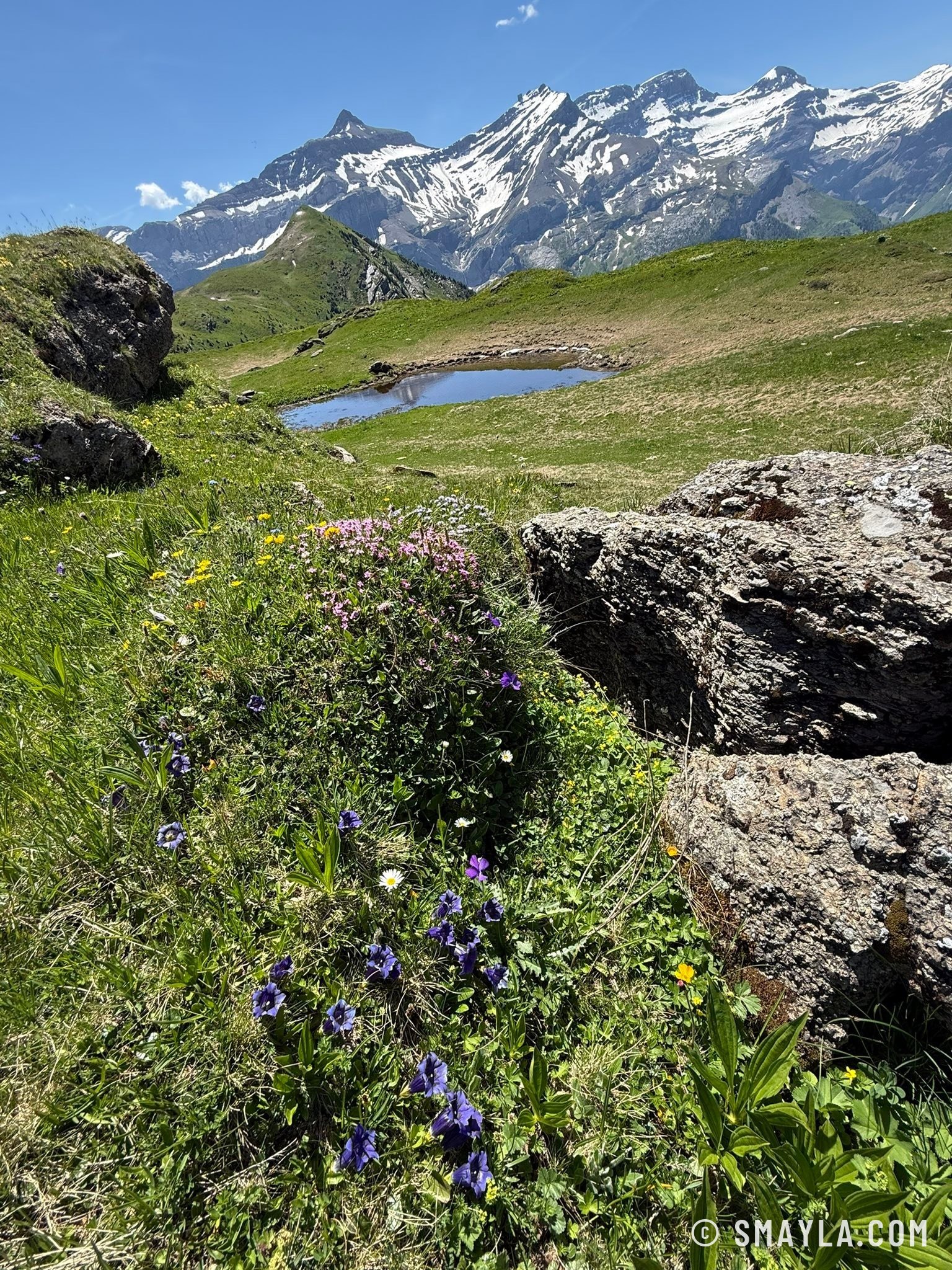 Petit lac et sommets enneigés
