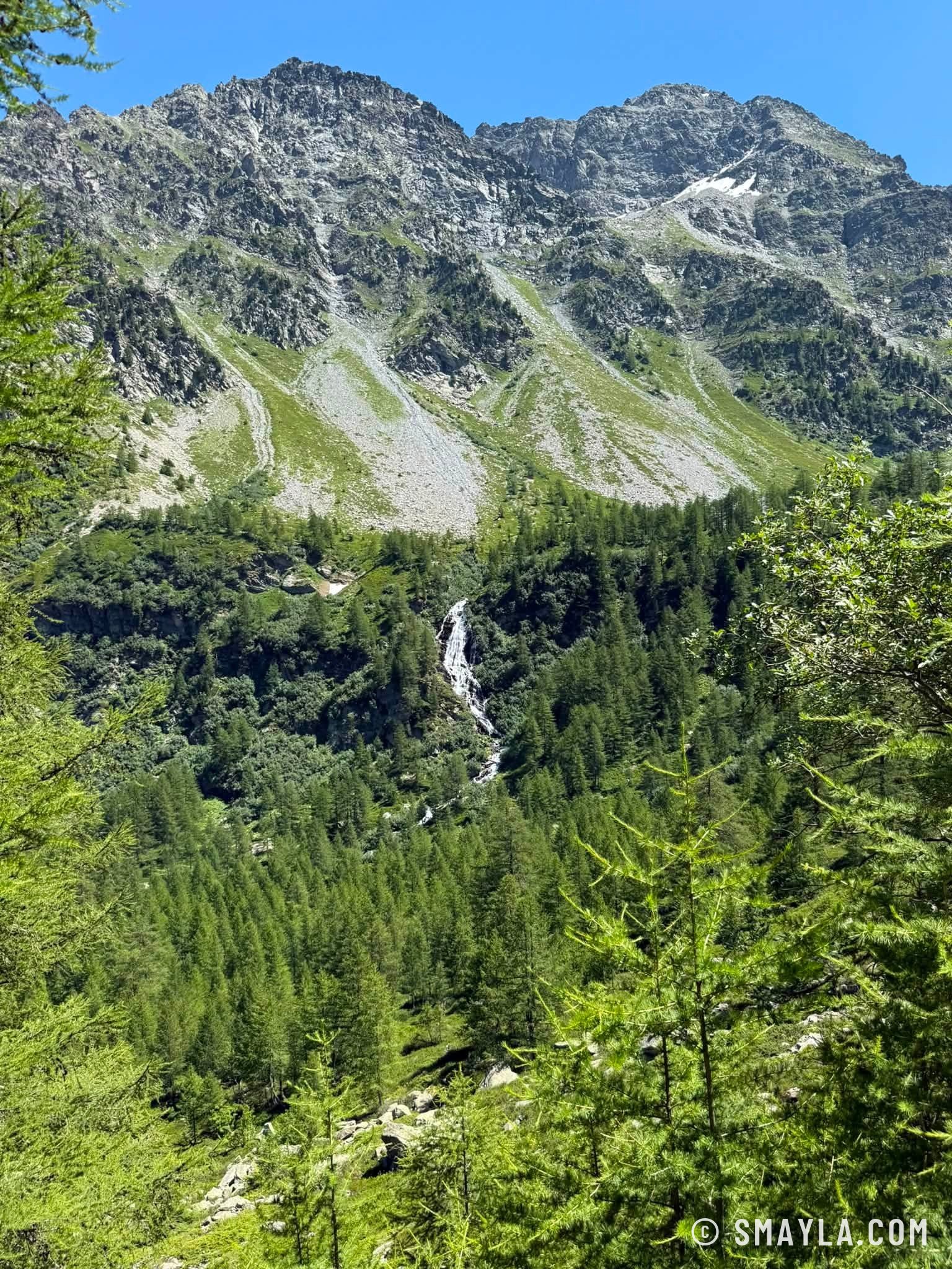 Cascade et crêtes au-dessus de la forêt