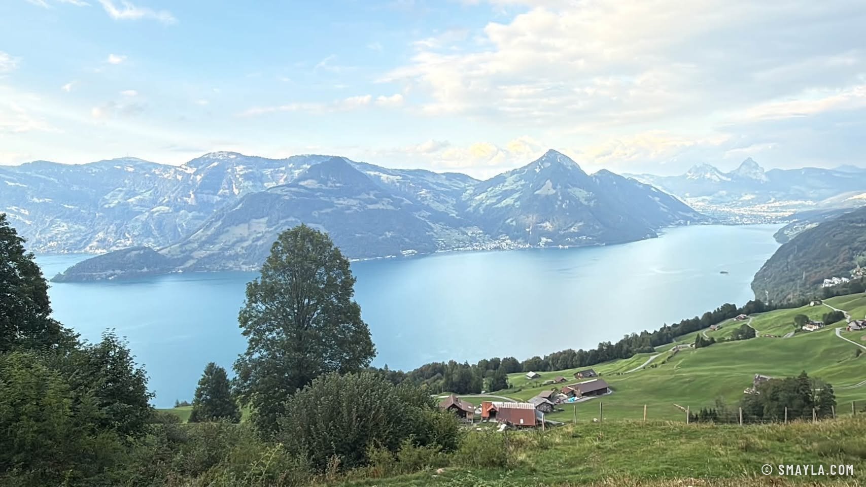 Prés et lac au matin